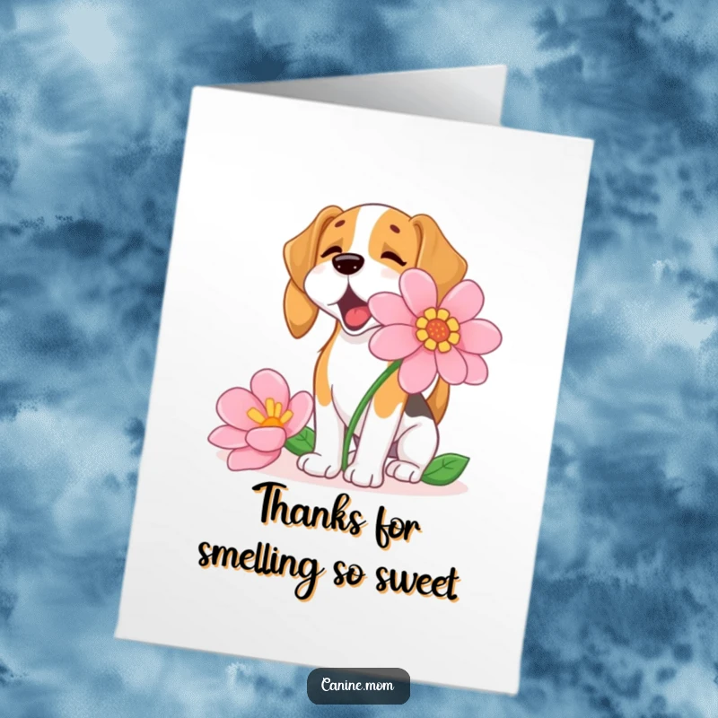 Funny Free Printable Thank You Card of a beagle joyfully inhaling the scent of a colossal flower, expressing heartfelt thanks.