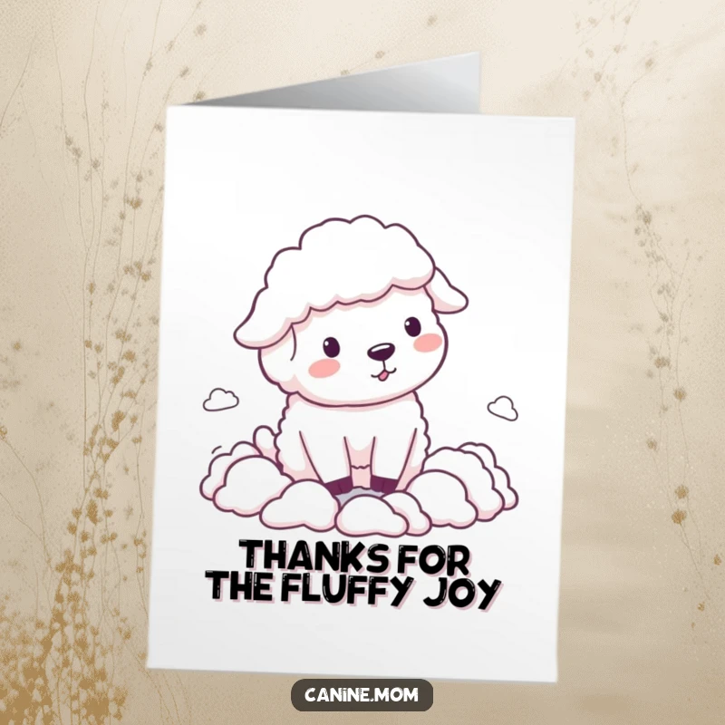 Funny Free Printable Thank You Card with a fluffy sheepdog herding cloud shapes, conveying sincere appreciation with humor.