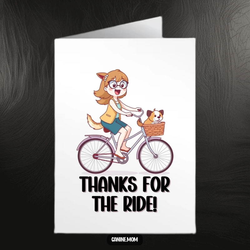 Funny Free Printable Thank You Card: Dog lady cycling with dogs in basket, expressing thanks with humor, a DIY gift.