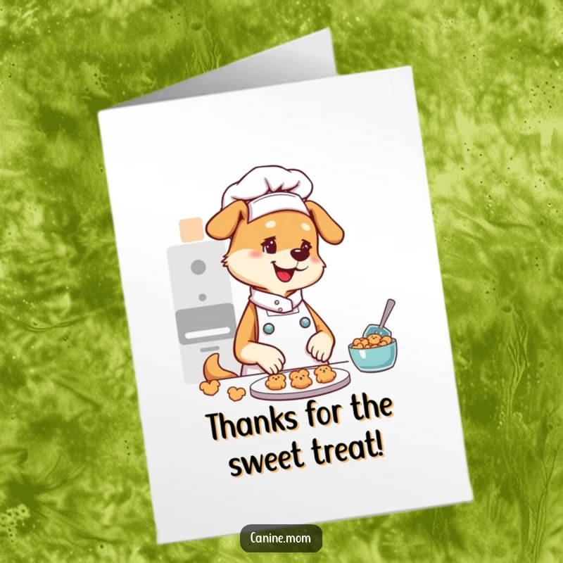 Funny Free Printable Thank You Card: Dog lady in chef hat with cookies, expressing thanks with humor, a DIY gift.