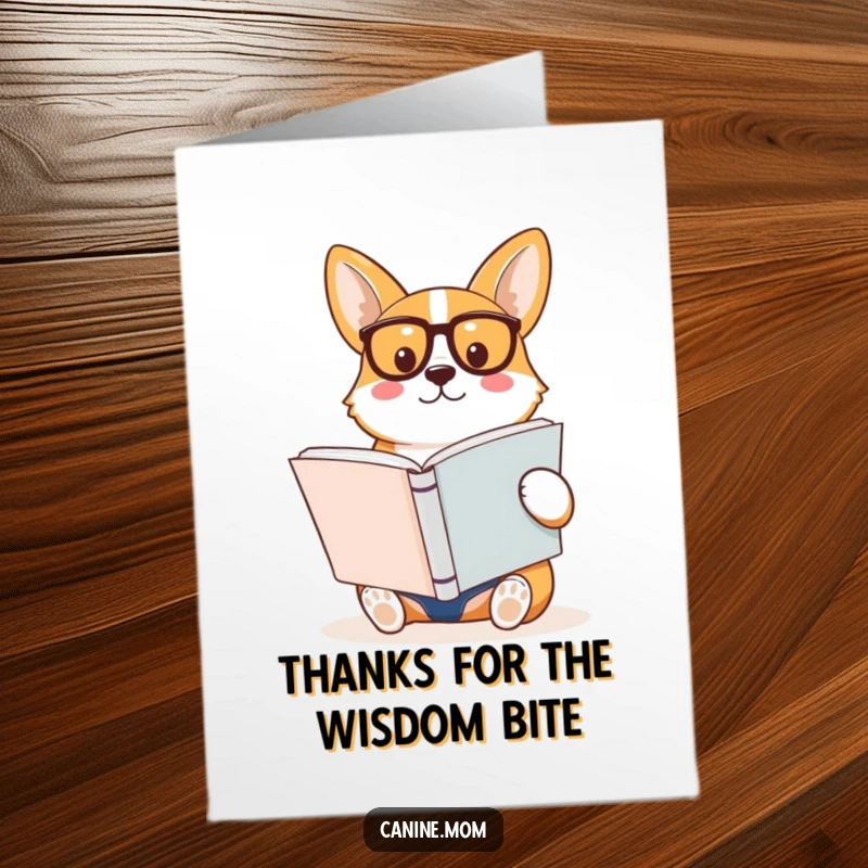 Funny Free Printable Thank You Card of a corgi wearing spectacles, absorbed in a book, conveying thanks with academic flair.
