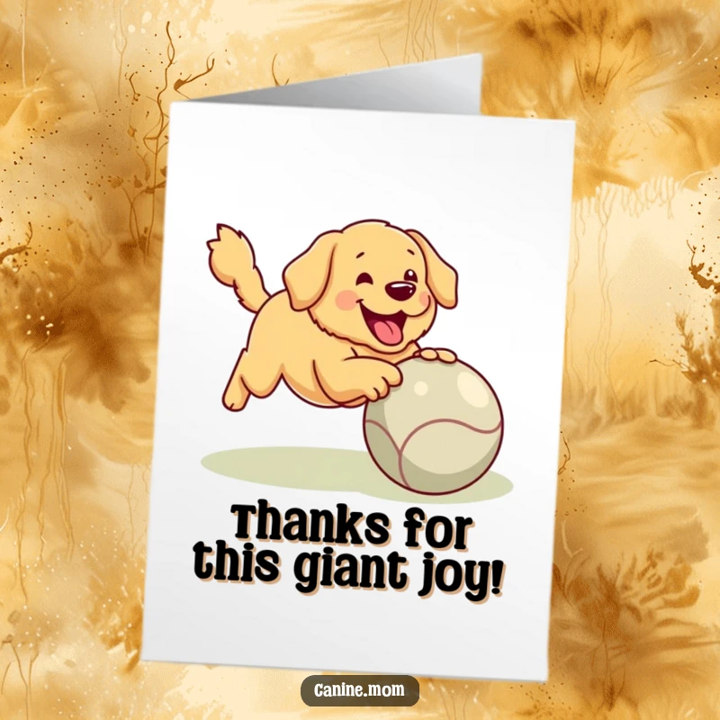 Funny Free Printable Golden Retriever Thank You Card: Happy dog holding a ball expresses gratitude.
