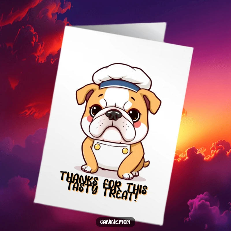 Funny Free Printable Bulldog Chef Thank You Card: Bulldog chef proudly presents a dish, expressing thanks.