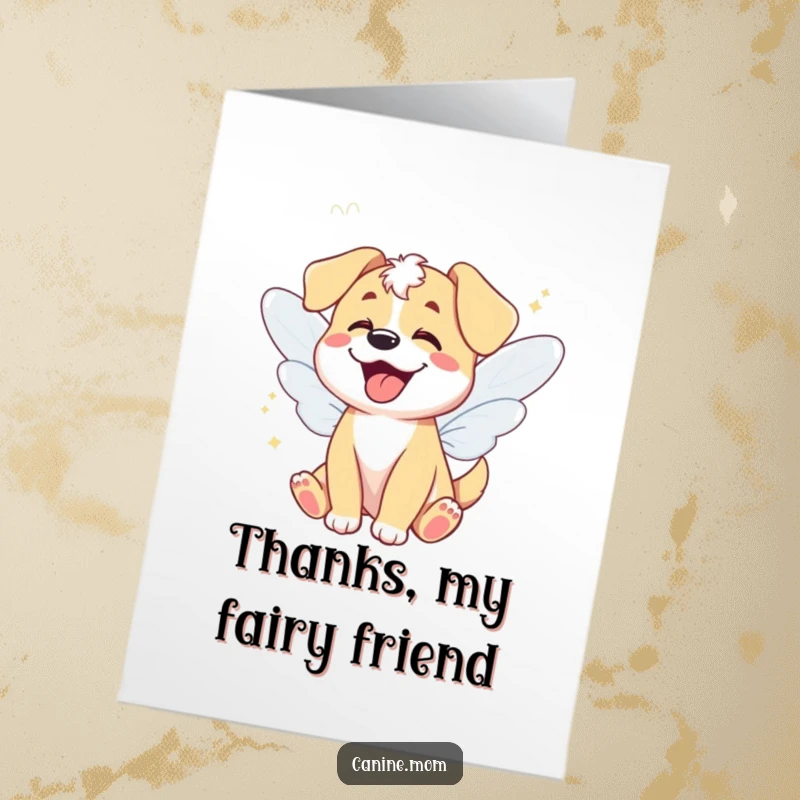Funny Free Printable Thank You Card: A dog adorned with fairy wings giggles, conveying thanks with whimsical delight.