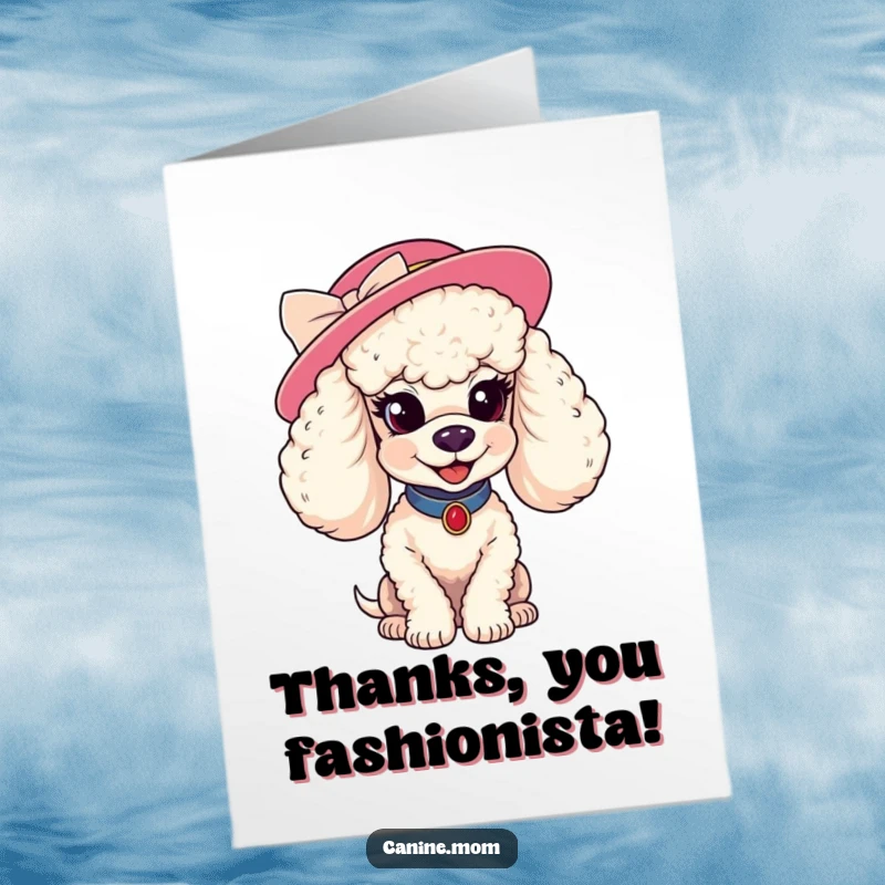 Funny free printable thank you card featuring a coy poodle in a fancy hat, offering thanks with a charming, stylish smirk.