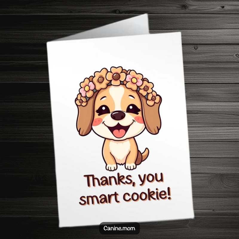 Funny free printable thank you card: a joyful dog lady sporting a fashionable flower crown made of dog biscuits.