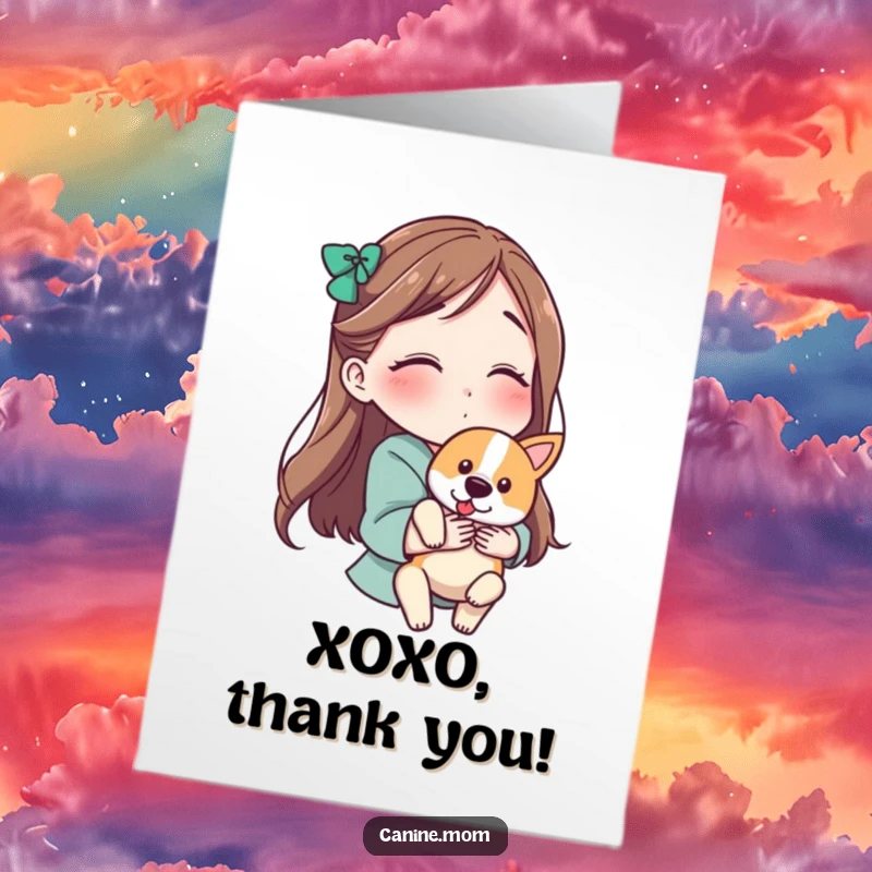 Free Printable Thank You Card: Woman holding a dog and blowing a kiss, expressing thanks, DIY gift.