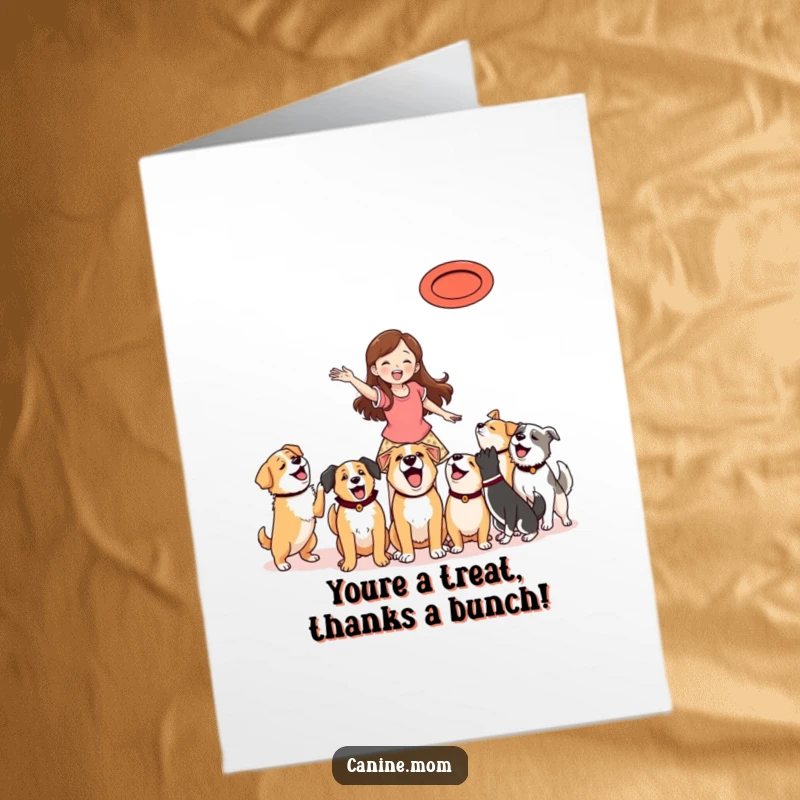 Funny Free Printable Thank You Card: Woman playing frisbee with happy dogs, conveying playful gratitude.