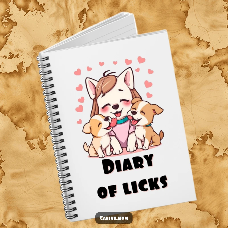 Funny notebook with a dog lady receiving happy licks from dogs, perfect for notes and journaling.