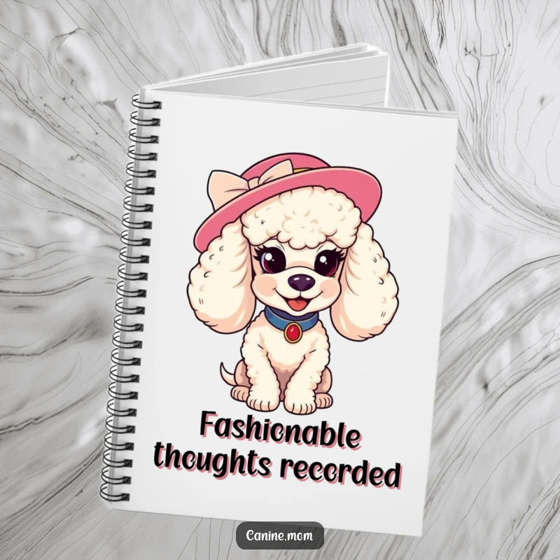 Funny poodle hat notebook. A poodle with a fancy hat smiles coyly, ideal for writing down stylish thoughts and creative ideas with a humorous touch.