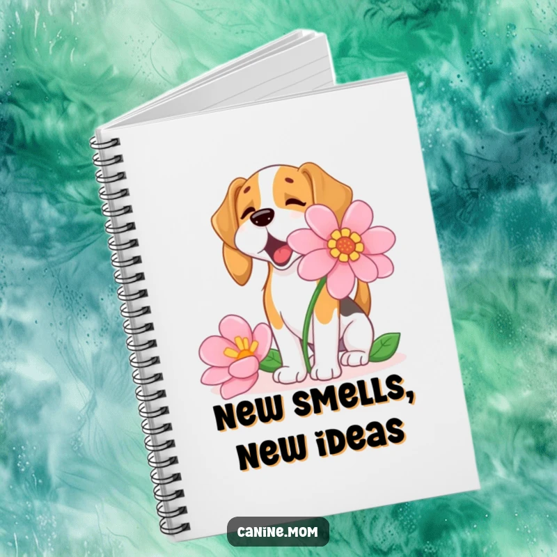 Funny Beagle Notebook, showing an excited beagle sniffing a large flower on the cover, perfect for jotting down ideas.