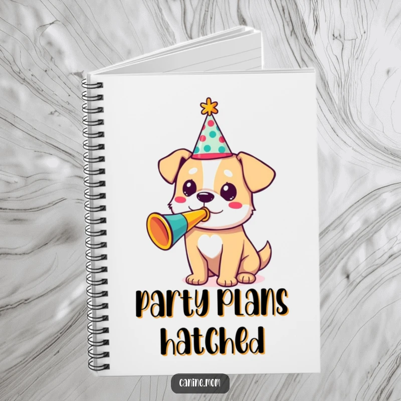 Funny notebook featuring a dog in a party hat, blowing a trumpet, ideal for planning parties, a funny gift.