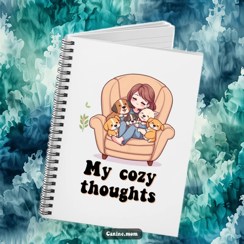 Funny Notebook: Woman in a cozy armchair, snuggled by several affectionate dogs, ready for jotting thoughts.