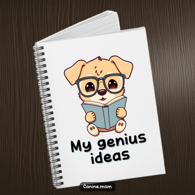 Funny notebook cover with a curious dog wearing spectacles, reading a book, inspiring creativity and intellectual pursuits for note-taking.