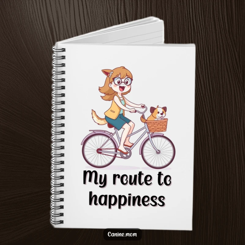 Funny notebook cover with a dog lady on a bike, basket filled with happy dogs, perfect for jotting down adventures.