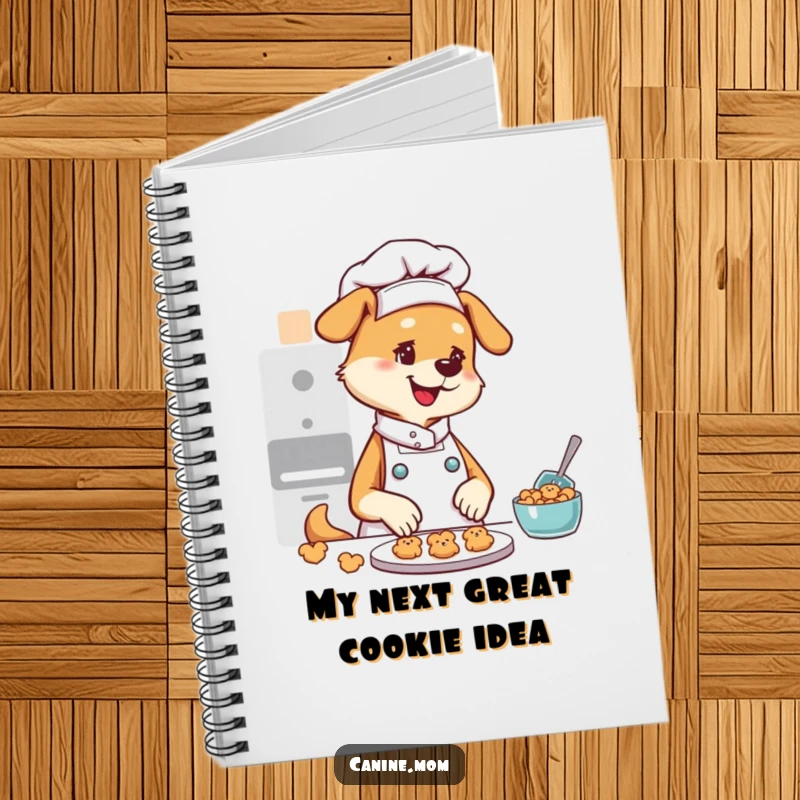 Funny notebook cover with a dog lady chef in a hat, baking a delightful assortment of small, dog-themed cookies.