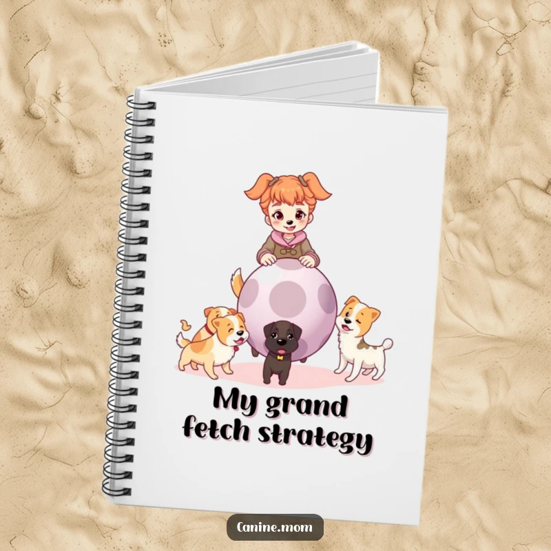 Funny notebook cover with a dog lady holding a giant ball, surrounded by eager dogs, ready for a game of fetch.