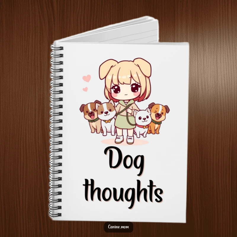 Funny notebook with a Kawaii dog lady holding a leash and dogs, offering a cute space for notes and planning.