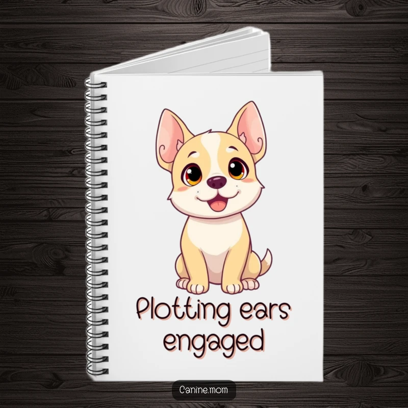 Funny dog notebook cover with a dog's face and perked-up ears, symbolizing close attention and secret-keeping.