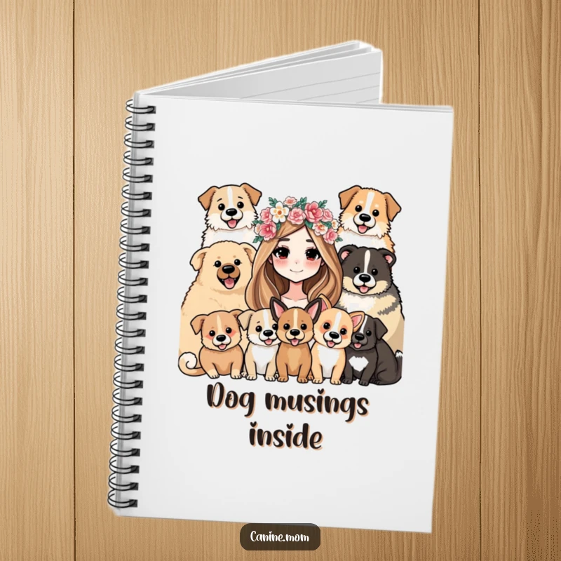Funny Notebook: A woman adorned with a flower crown, happily surrounded by a joyful pack of dogs.