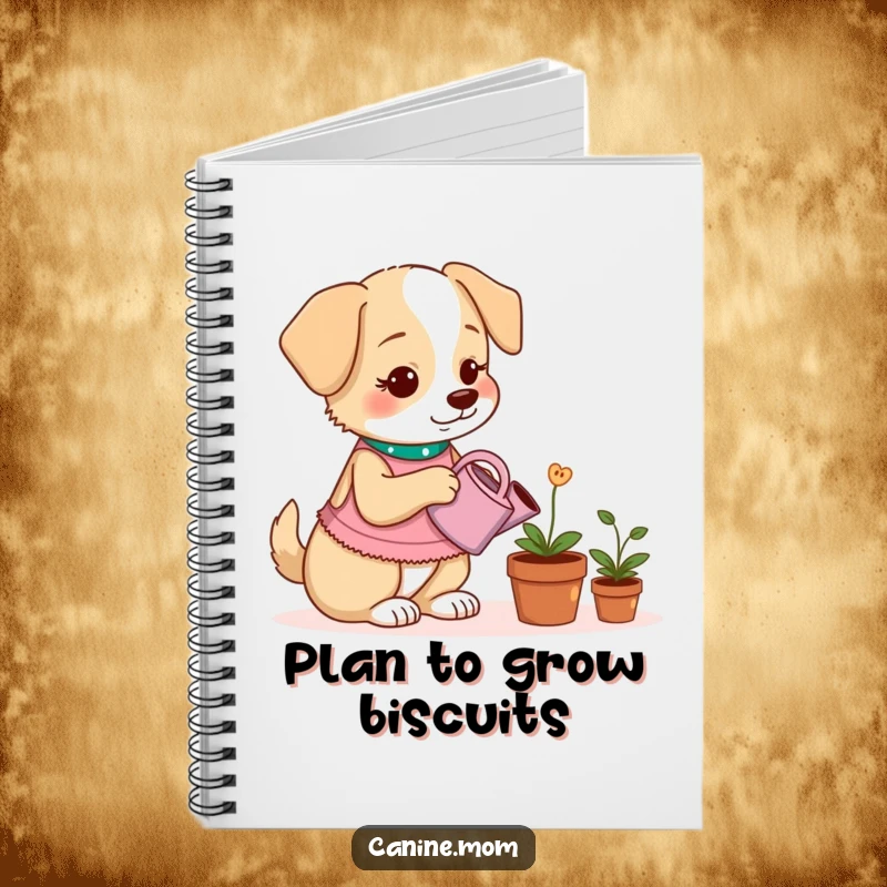 Funny notebook with a dog lady watering a potted plant that grows dog treats, great for notes and ideas.