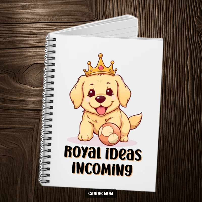 Funny Golden Retriever crown notebook. A majestic dog wearing a crown, eager to fetch ideas, perfect for jotting down royal thoughts and plans.