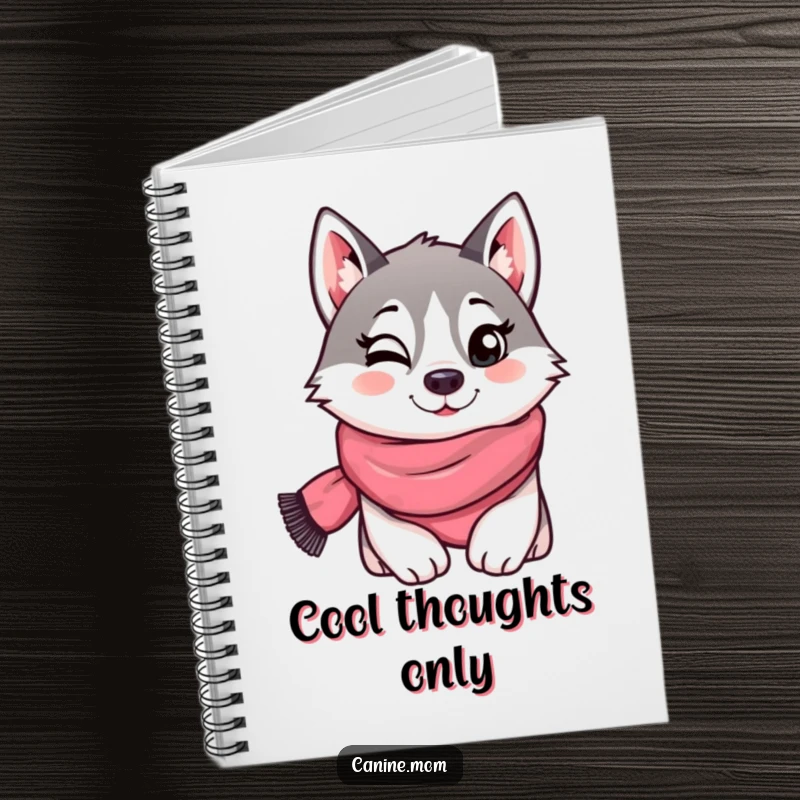 Funny notebook cover with a husky wearing a scarf and giving a playful wink, ideal for writing and creative endeavors. A stylish and humorous stationery choice.