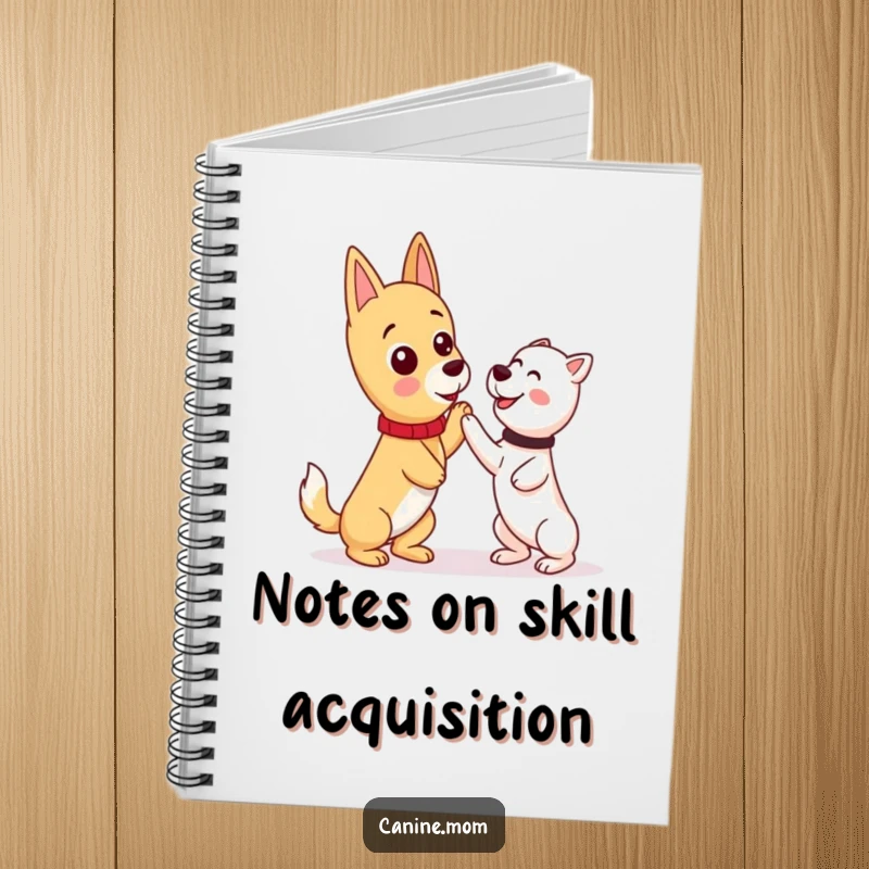Funny kawaii dog lady character writing in a notebook, her dog looking on, a humorous scene for recording training progress.