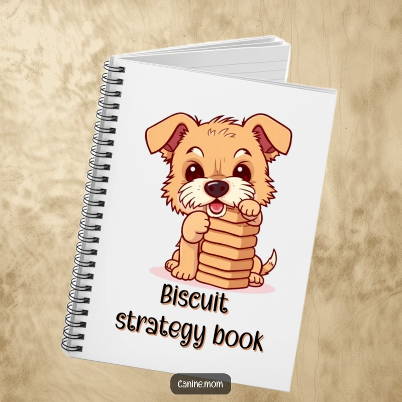 Funny notebook with a mischievous terrier balancing a stack of dog biscuits, ready to capture your notes and funny observations.