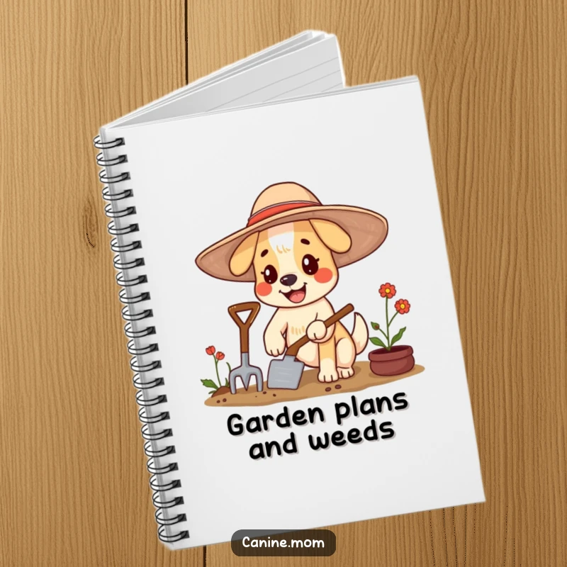 Funny dog notebook featuring a happy character in a floppy hat, gardening with a trowel, for notes.