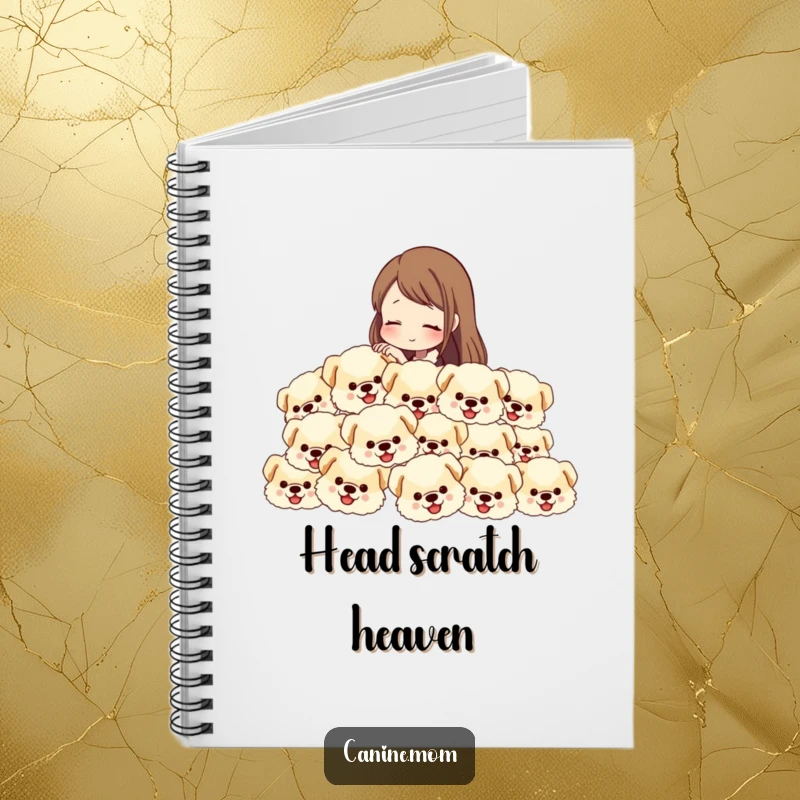Funny notebook featuring a woman petting a delightful cascade of fluffy dog heads, great for notes and doggy dreams.