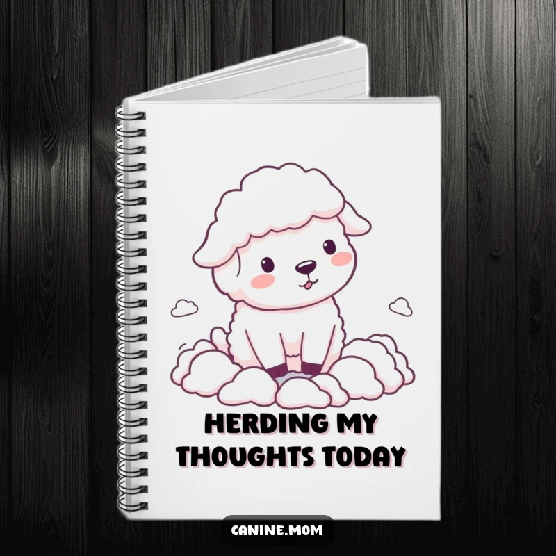 Funny Sheepdog Notebook, humorously herding tiny cloud shapes on the cover, ideal for jotting down ideas with a smile.
