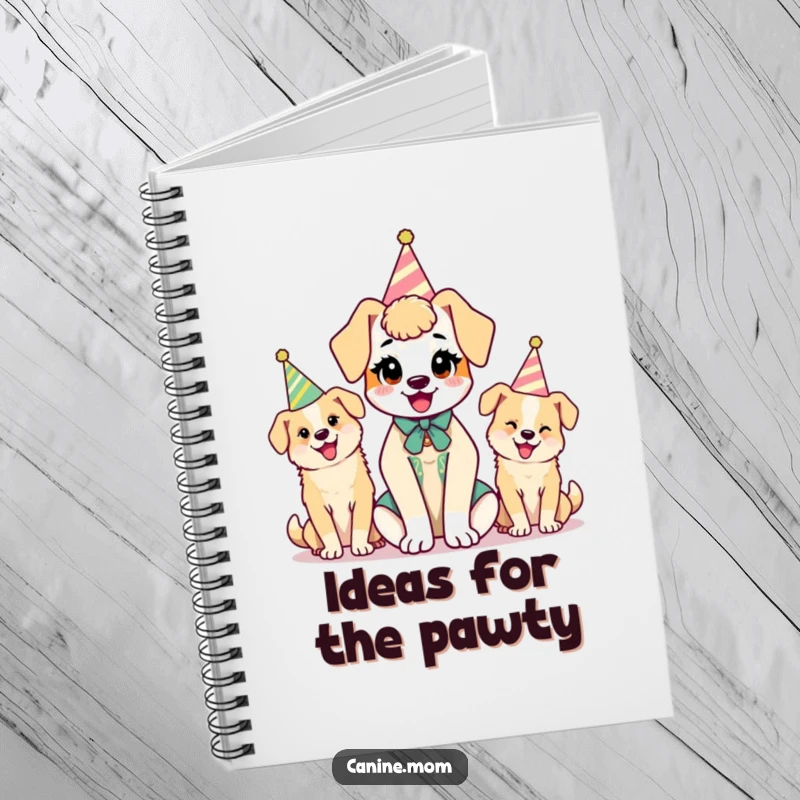 Funny kawaii dog lady character with a notebook, surrounded by dogs in party hats, ready for jotting down humorous thoughts.