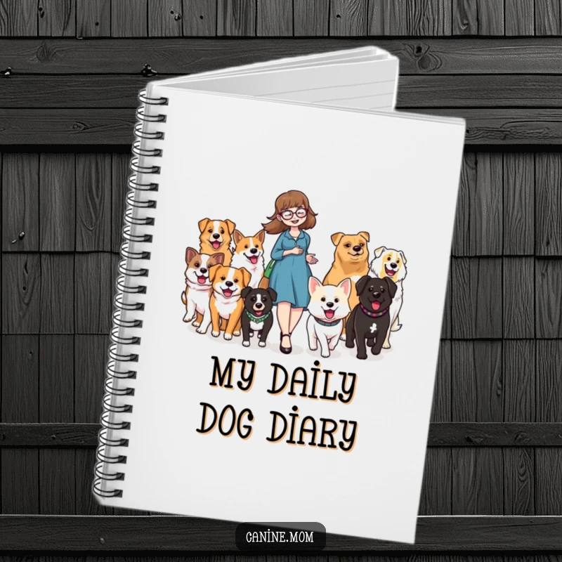 Funny notebook cover with a dog lady leading a parade of happy, diverse dogs, perfect for jotting down adventures.