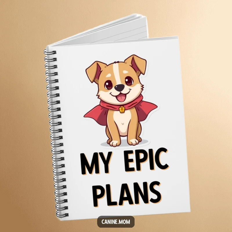 Funny notebook cover with an energetic dog wearing a tiny superhero cape, ready for action, inspiring note-taking and planning.