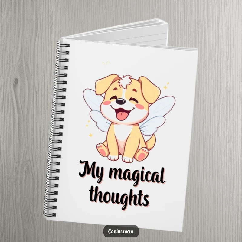 Funny notebook featuring a giggling dog with fairy wings, ideal for jotting down magical ideas, a funny gift.