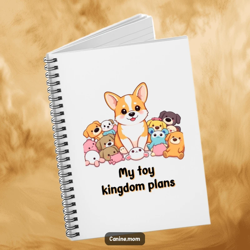 Funny Corgi Notebook: A corgi sits happily amongst a collection of colorful dog toys. A great funny gift.