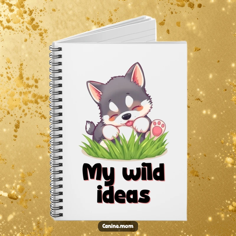 Funny notebook cover with a husky puppy playfully rolling in grass, inspiring cheerful note-taking.