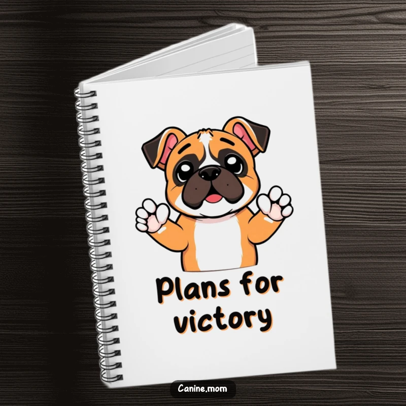 Funny notebook cover with an excited boxer dog raising tiny paws in a cheer, ideal for writing and creative endeavors. An energetic and humorous stationery choice.
