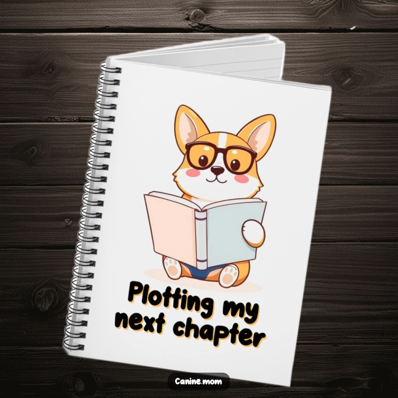 Funny Corgi Notebook, featuring a corgi with spectacles reading a large book on the cover, ideal for smart note-taking.