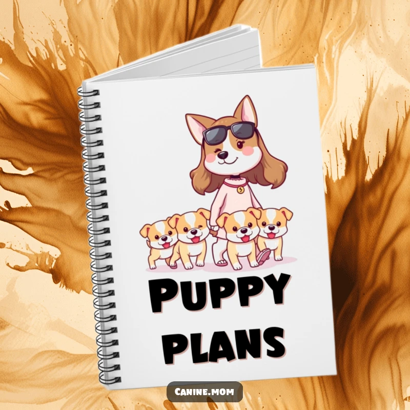 Funny dog lady notebook showing a proud woman walking a group of tiny puppies. Perfect for jotting down notes with a humorous dog-themed cover.