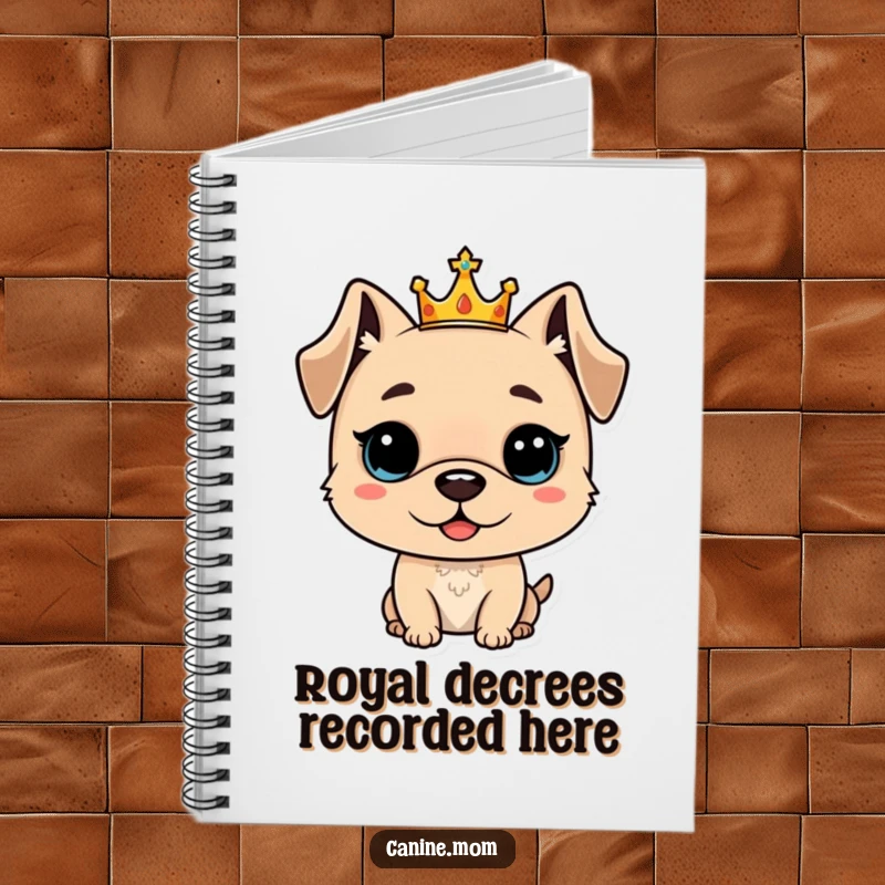 Funny notebook featuring a proud dog with a small crown, perfect for jotting regal thoughts, a funny gift for writers.