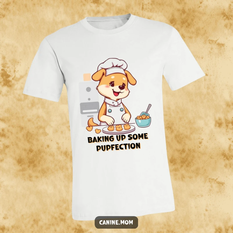 Funny t-shirt of a happy dog lady wearing a chef hat, skillfully crafting small, bone-shaped dog cookies with a smile.