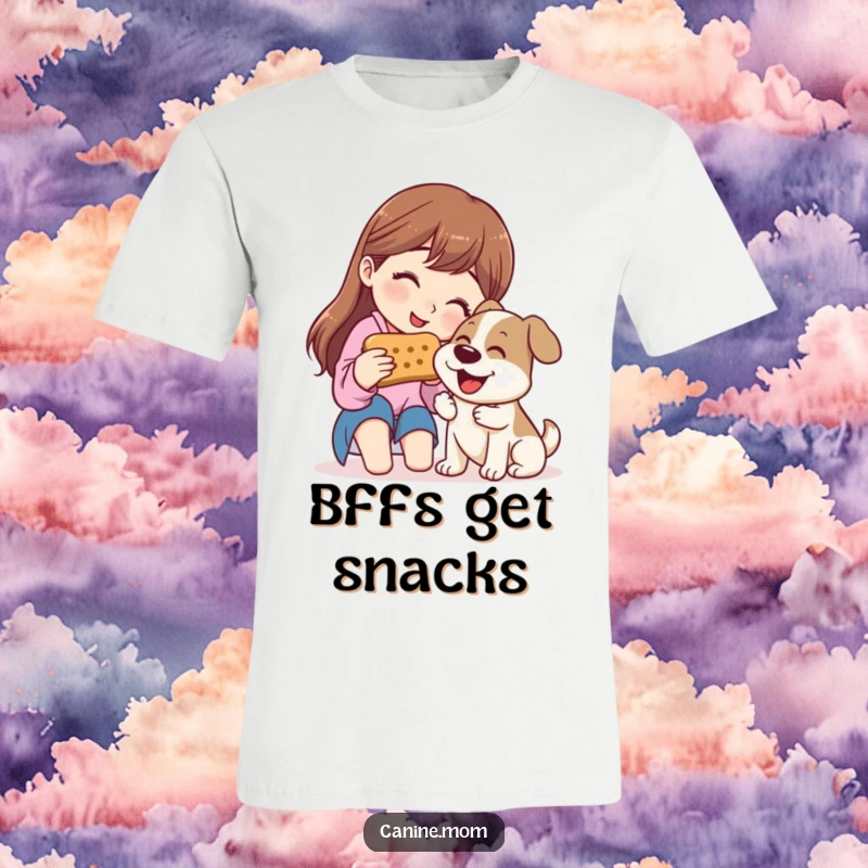 Funny T-Shirt: Woman sharing a comically large dog biscuit with a very happy and eager dog.