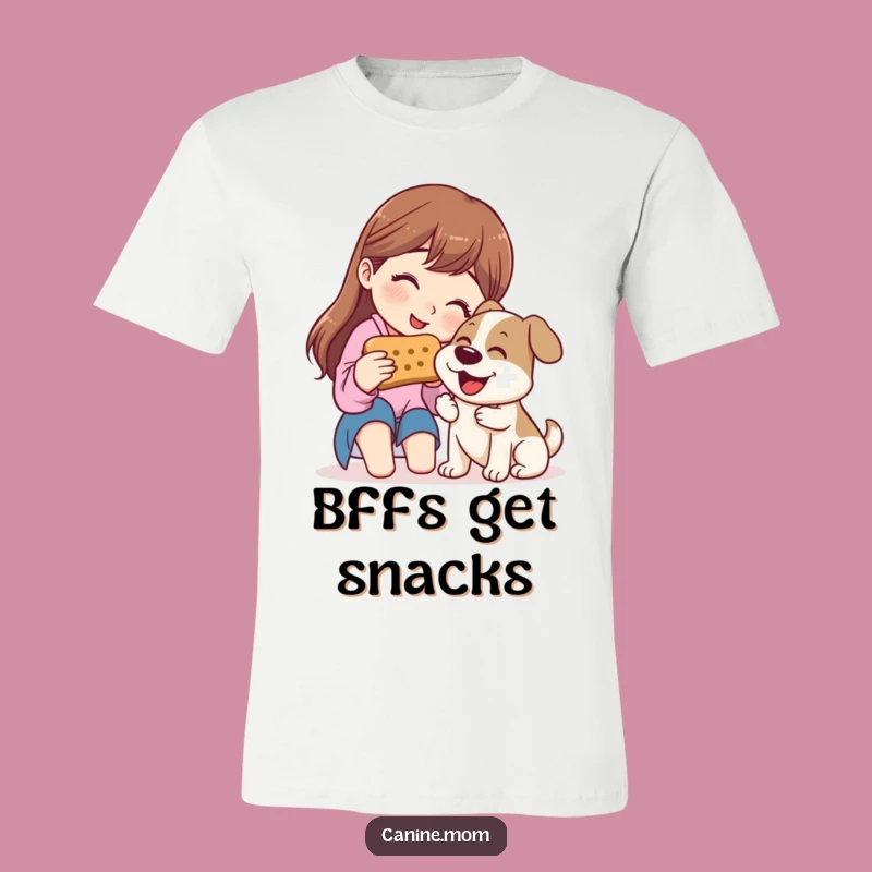 Funny Sharing Dog T-Shirt - Woman & Dog with Giant Biscuit