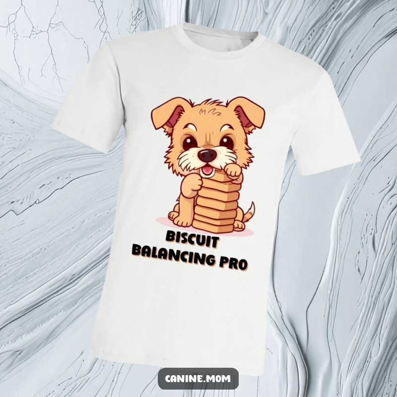 Funny t-shirt depicting a mischievous terrier concentrating hard while balancing a precarious stack of dog biscuits, a scene of playful challenge.