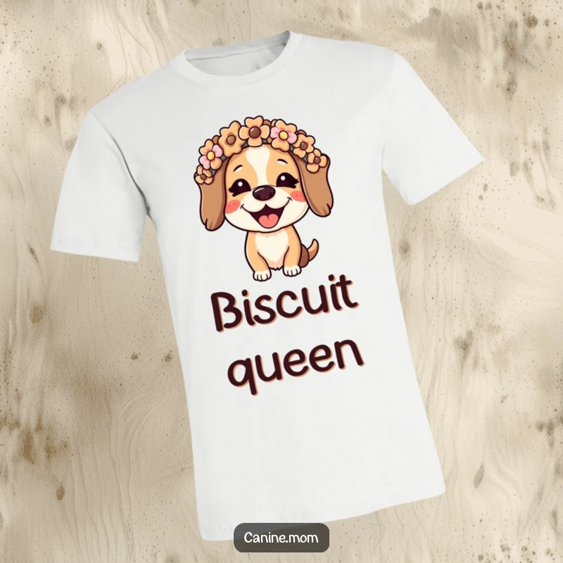 Funny dog lady t-shirt depicting a joyful woman wearing a flower crown made entirely of dog biscuits. Hilarious and charming apparel for pet parents.