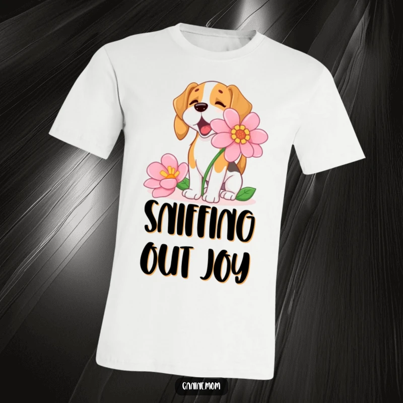 Funny Beagle T-Shirt, enthusiastically sniffing a colossal flower, showcasing a happy and curious dog's love for nature.