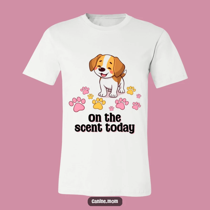 Funny Beagle T-Shirt: Sniffing Colorful Paw Prints, Comedic Style