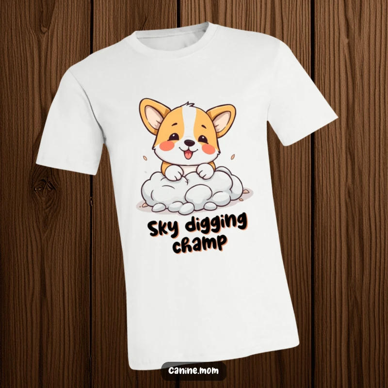 Funny Corgi T-Shirt: A determined corgi is shown digging into a cloud, embodying quirky ambition and doggy dreams humorously.